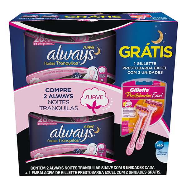 ABSORVENTE ALWAYS NOITES TRANQUILAS SECA + 2 APARELHOS GILLETTE EXCEL